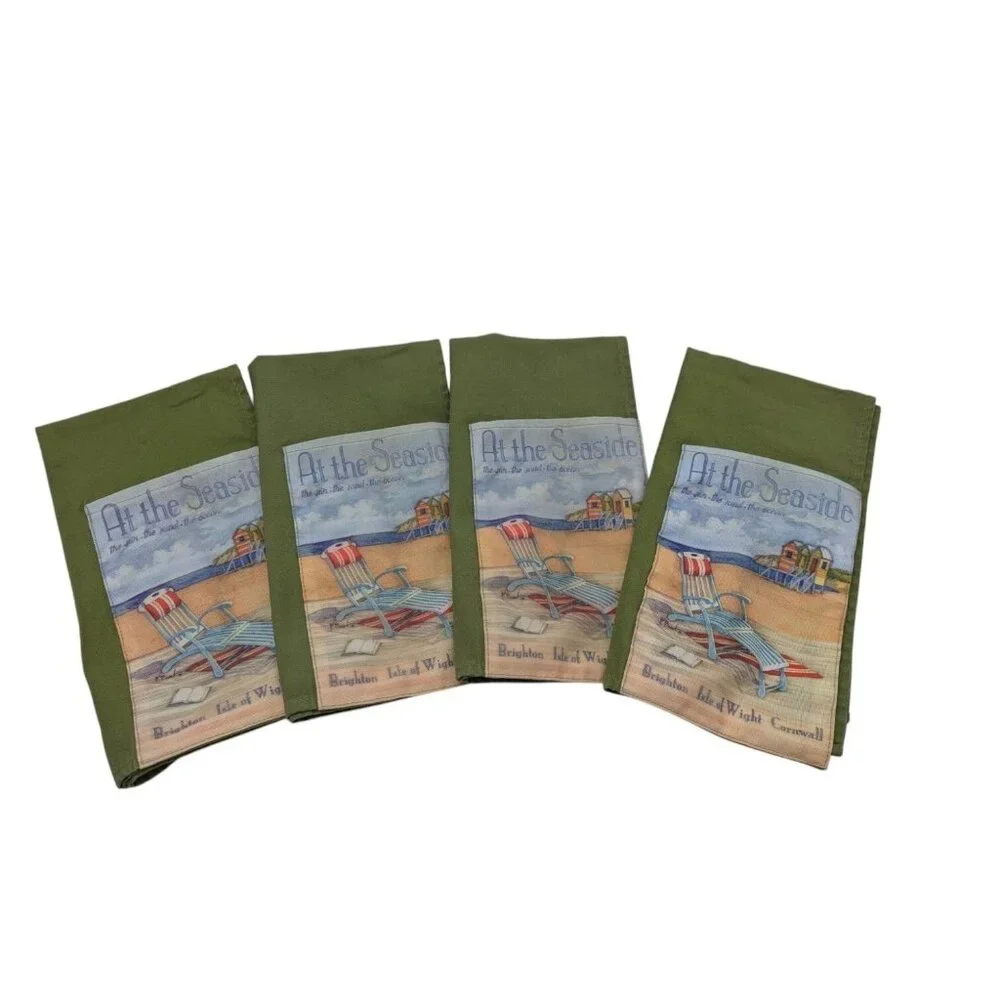 Set Of 4 Cypress Home Green At The Seaside Napkins WUtensil Pockets 100% Cotton